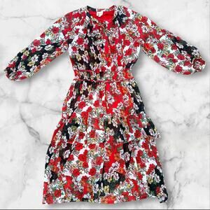 Anthropologie Fig and Flower Red Boho Lined Smocked Floral Dress Size M